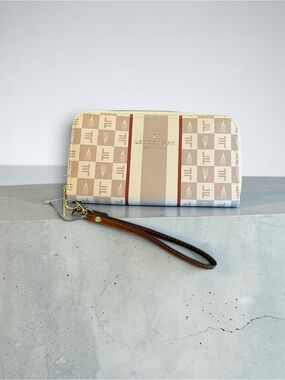 London Fog Beige & Red Stripe Logo Zip Wallet Wristlet
